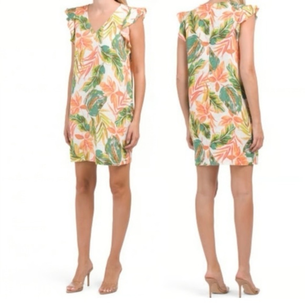 NICOLE MILLER 100% Linen Tropical Leaf Print Ruffle Sleeve Dress Size XS GUC - Picture 2 of 5